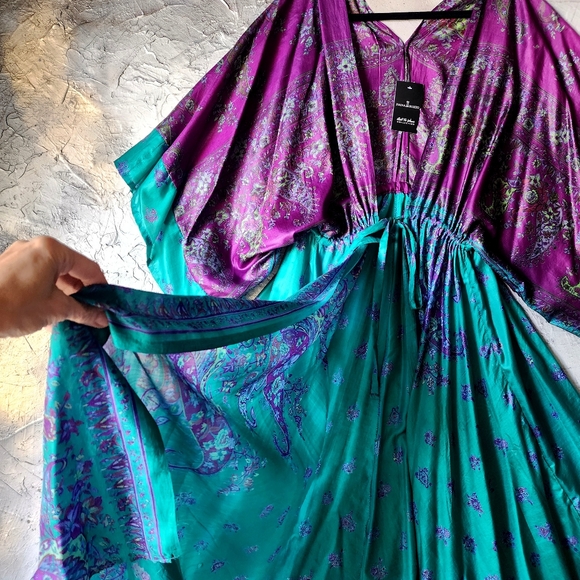 Handprinted Silk Authentic Designer Kimono Batik Long Maxi Dress Luxury Resort - Picture 6 of 16